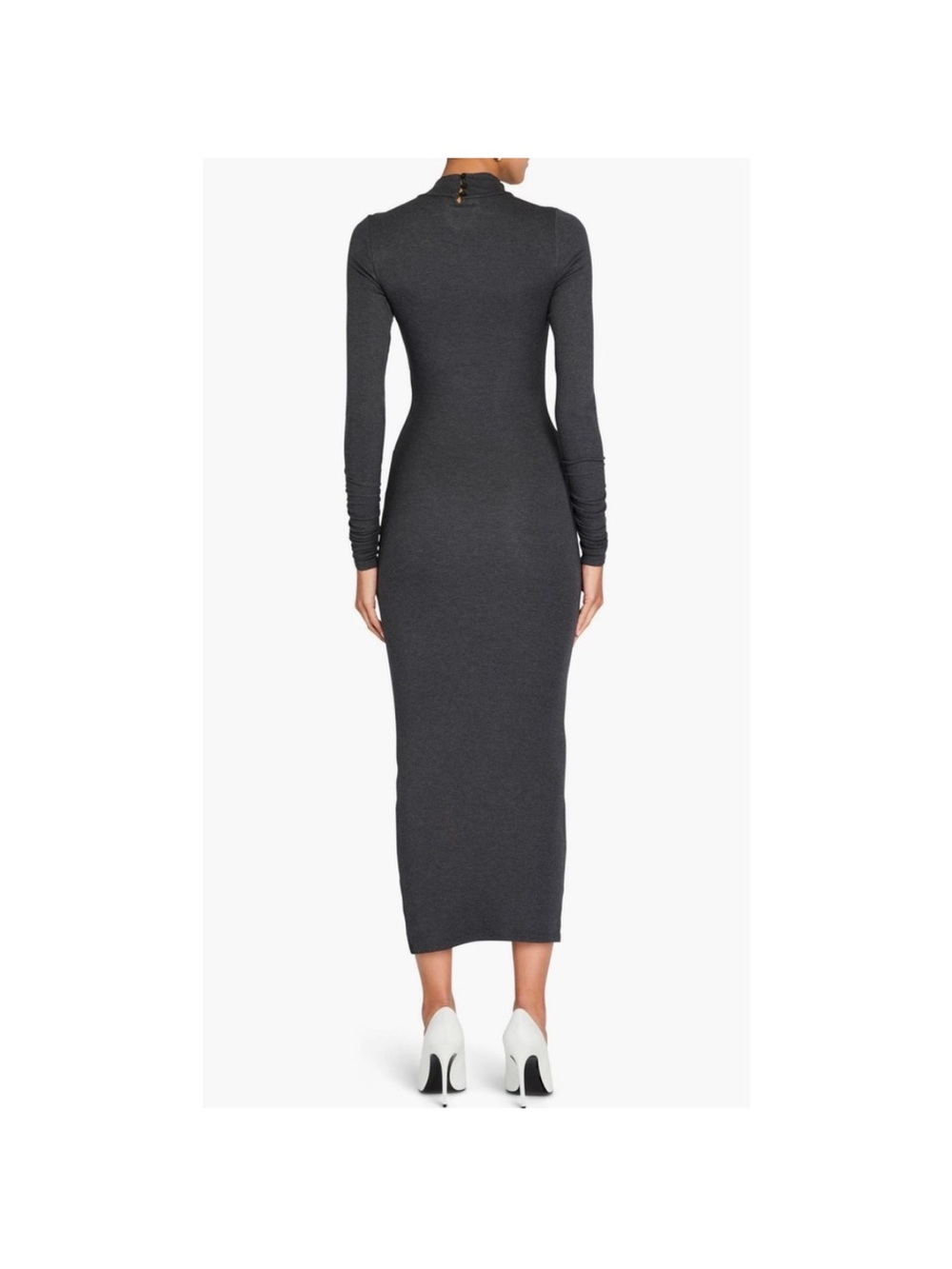SER.O.YA Fina Tea Length Dress Large Charcoal Grey Ruched Mock Neck Long Sleeve - Picture 2 of 16
